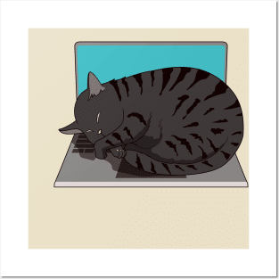 cat sleeping on laptop Posters and Art